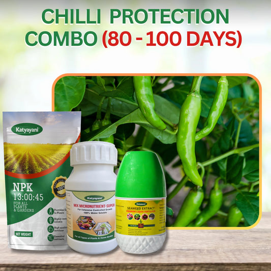 Katyayani Chilli Protection + Growth Kit (80-100 days)(vegitative)-(mix micronutrients(100 gm)  +npk  13:00:45(470 gm)+ seaweed extract(500 ml))