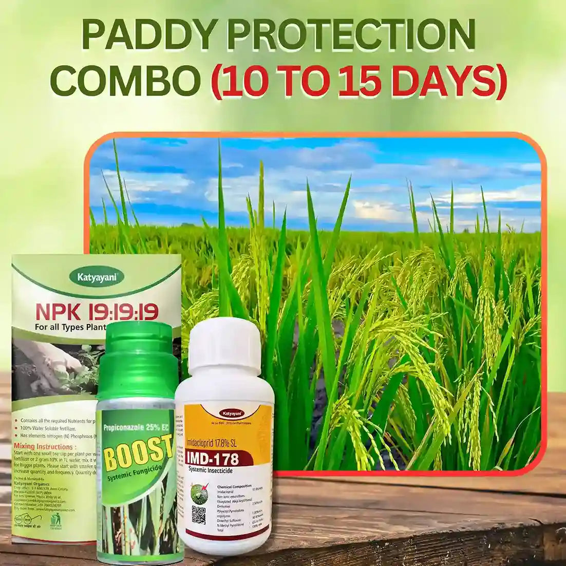 PADDY PROTECTION COMBO (10 TO 15 DAYS  COMBO)  ( AFTER  GERMINATION )  N P K 19:19:19  (940 gm x 1) ,IMD 17.8(250 ml x 1) ,BOOST (250 ml x 1)